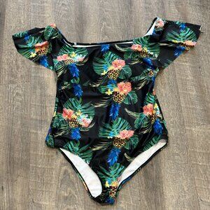 One Piece Swimsuit Size 3XL Floral Tropical Flounce Off Shoulder Removable Pads